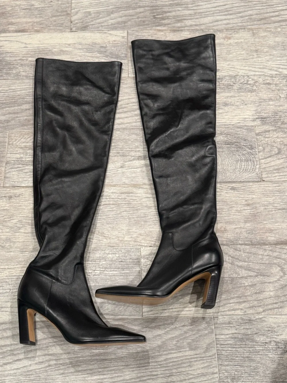 KHAITE Black Leather Marfa Over-The-Knee Square Toe Block Heel Boots